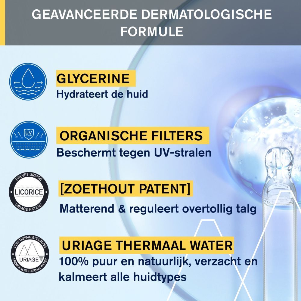 Schema. Tekst: Glycerine, organische filters, zoethout patent, Uriage thermaal water.