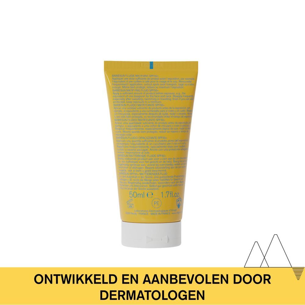 Achterkant van de gele tube Uriage Bariesun Mat Fluide SPF50+. Tekst.