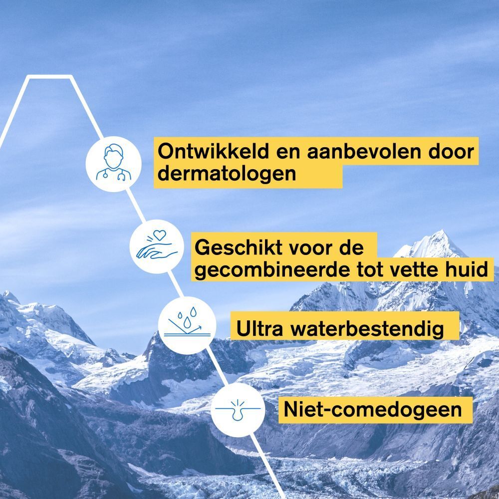 Schema. Tekst: Ontwikkeld door dermatologen, voor de gecombineerde tot vette huid, waterbestendig, niet-comedogeen.