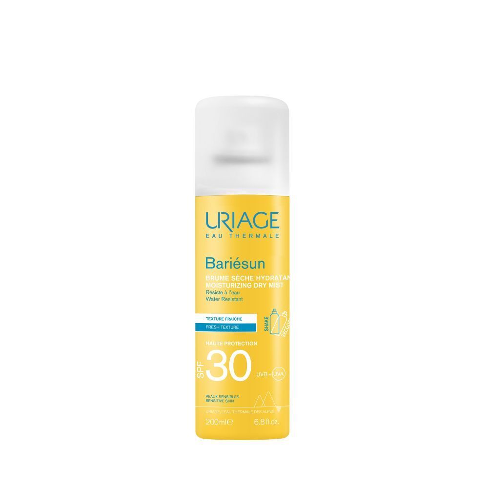 Flacon spray jaune avec bouchon blanc. Inscriptions: Uriage, Bariesun, SPF 30. Résistant à l'eau.