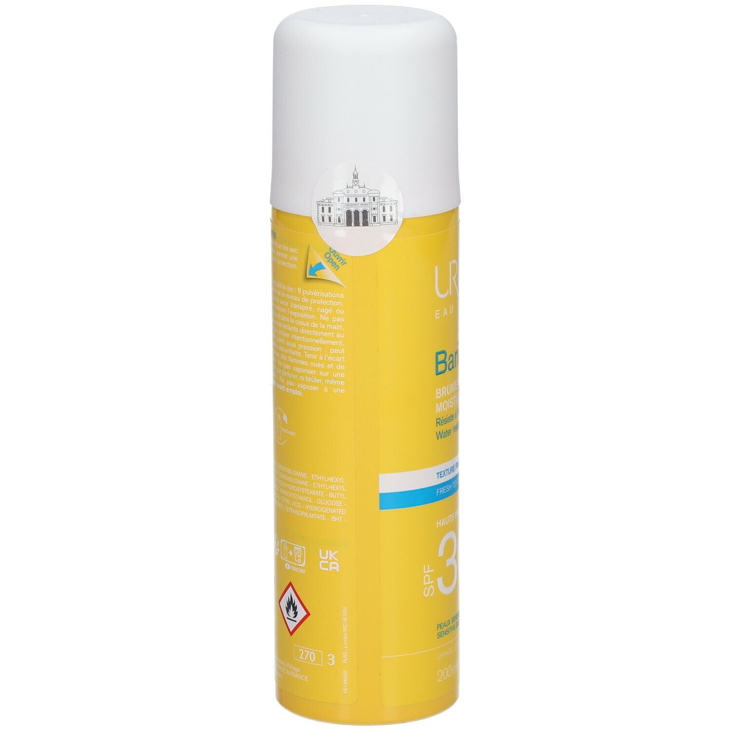 Flacon spray jaune avec bouchon blanc. Inscriptions: Uriage, Bariesun, SPF 30. Texte au dos.