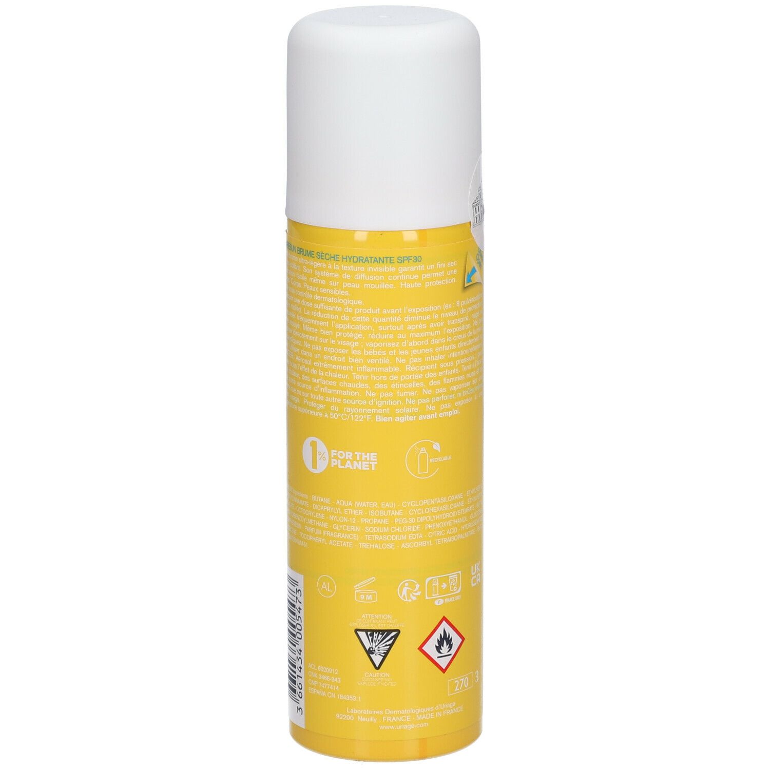 Flacon spray jaune avec bouchon blanc. Dos avec texte et symboles. Inscription: Uriage.