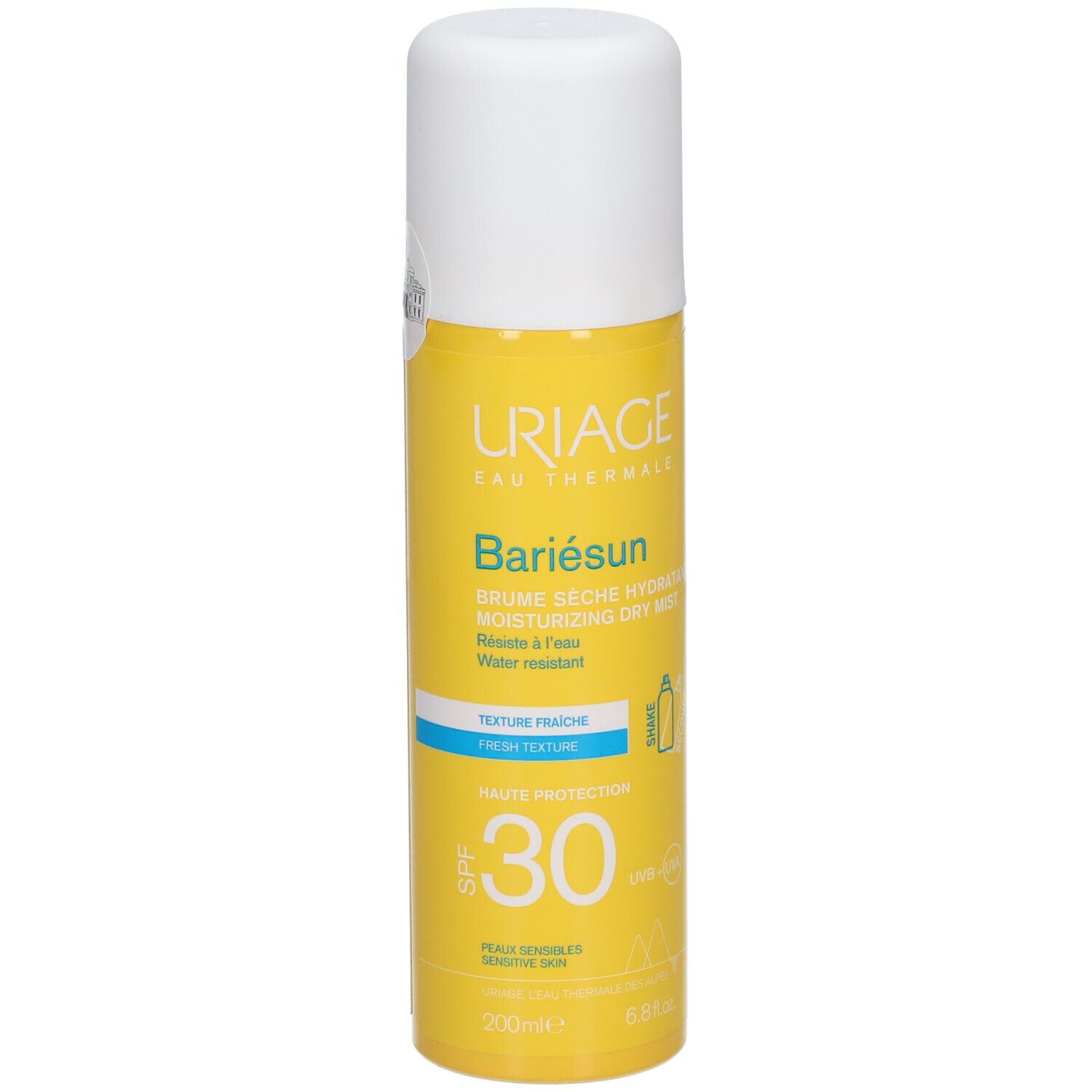 Flacon spray jaune avec bouchon blanc. Inscriptions: Uriage, Bariesun, SPF 30. Résistant à l'eau.