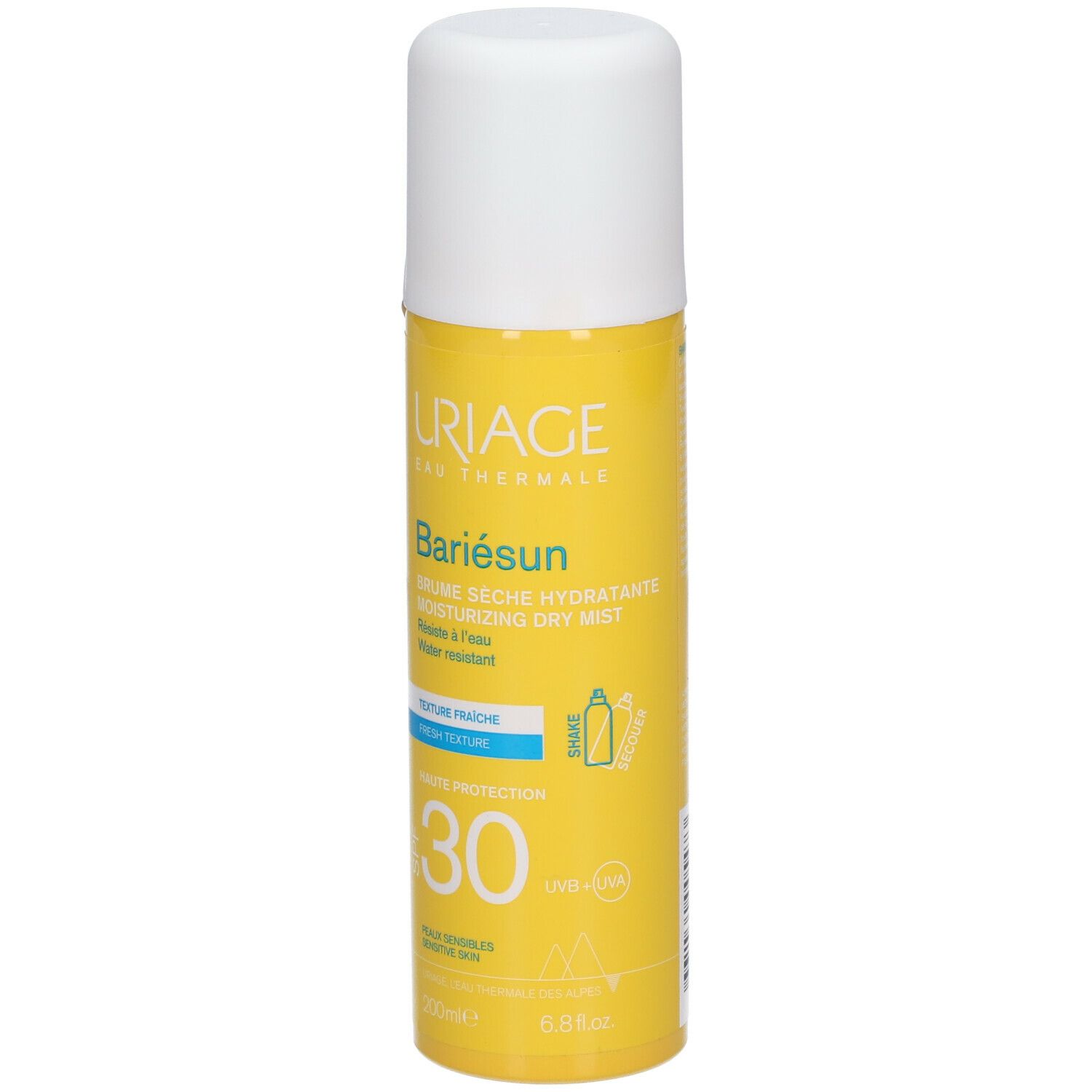 Flacon spray jaune avec bouchon blanc. Inscriptions: Uriage, Bariesun, SPF 30. Résistant à l'eau.