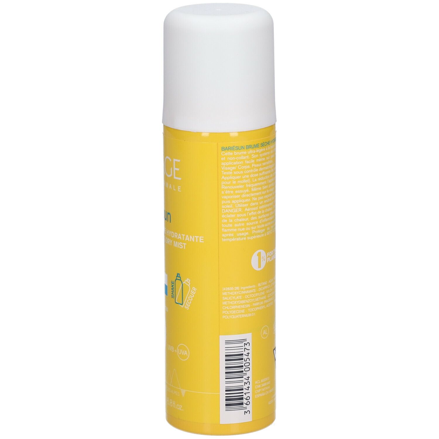 Flacon spray jaune avec bouchon blanc. Texte au dos. Inscriptions: Uriage, Bariesun.