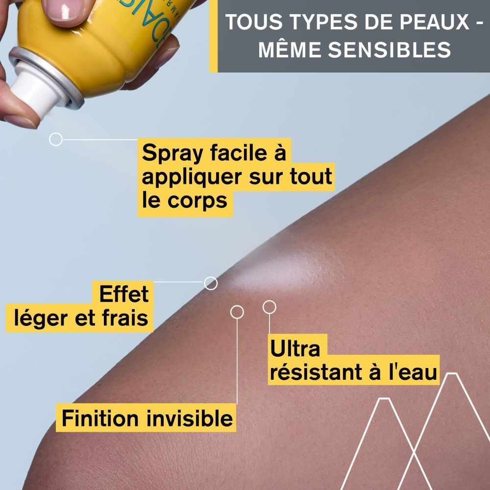 Gros plan d'un bras vaporisé. Texte: Spray facile à appliquer sur tout le corps.