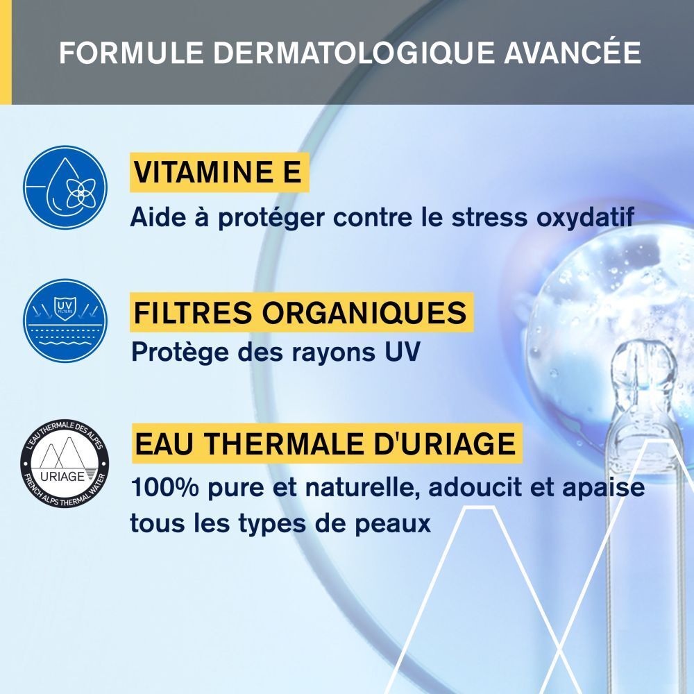 Gros plan avec texte et symboles. Texte: Vitamine E, filtres organiques, Eau Thermale d'Uriage.