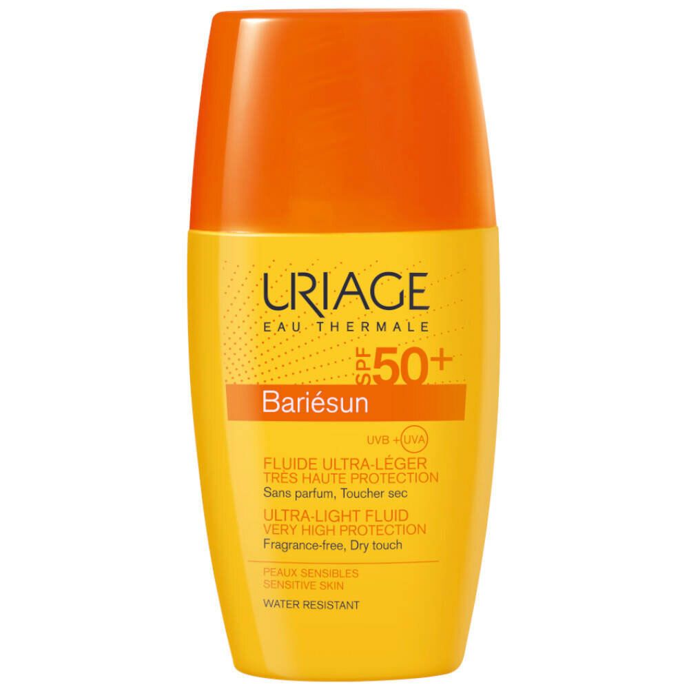 Gele fles met oranje dop. Opschrift: Uriage, Bariesun, SPF 50+. Ultra-lichte vloeistof, zeer hoge bescherming.