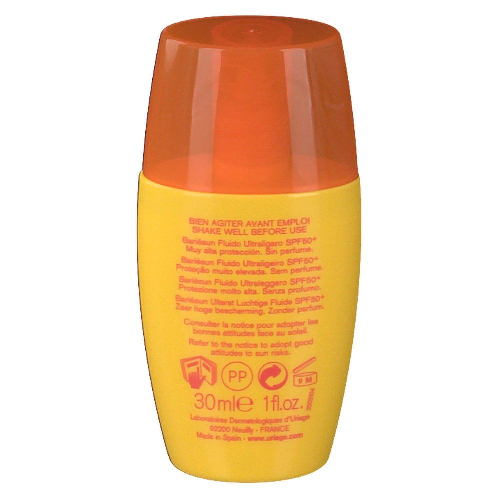 Gele fles met oranje dop. Achterkant met tekst. 30 ml, 1 fl.oz.