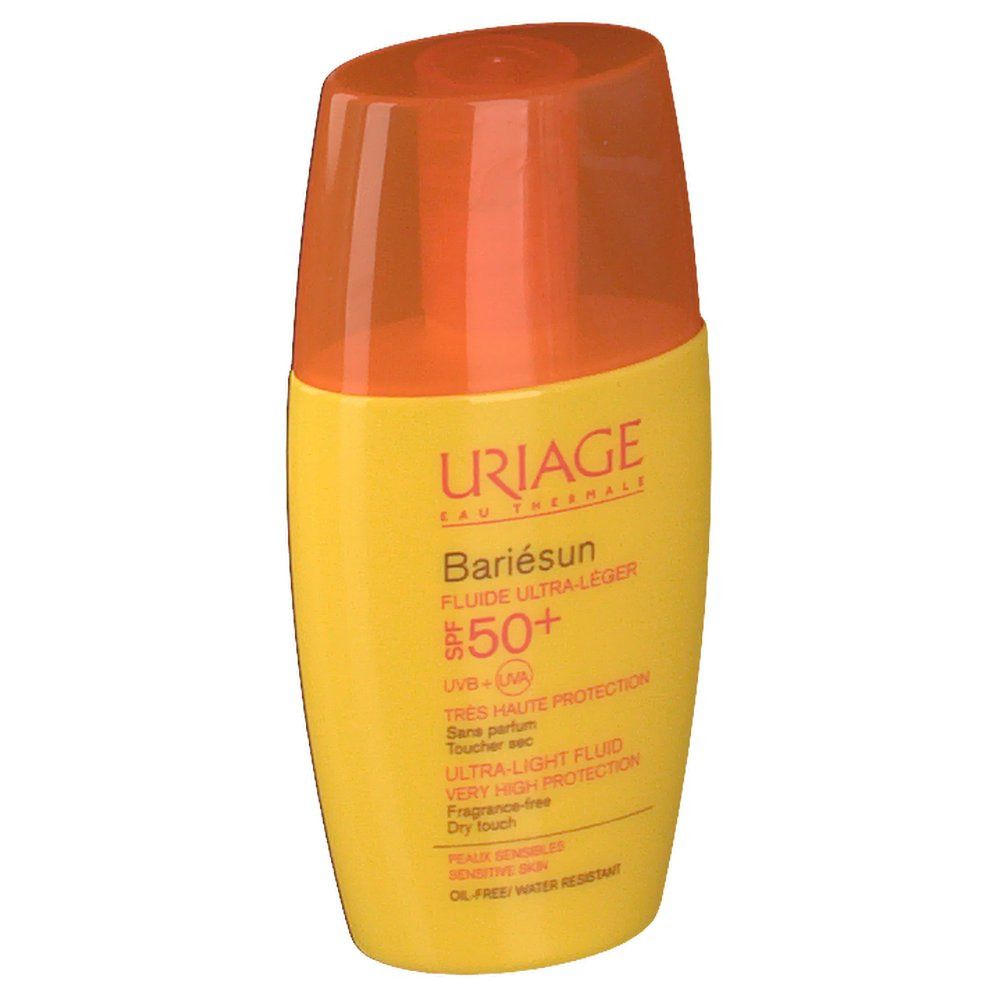 Gele fles met oranje dop. Opschrift: Uriage, Bariesun, SPF 50+. Ultra-lichte vloeistof.