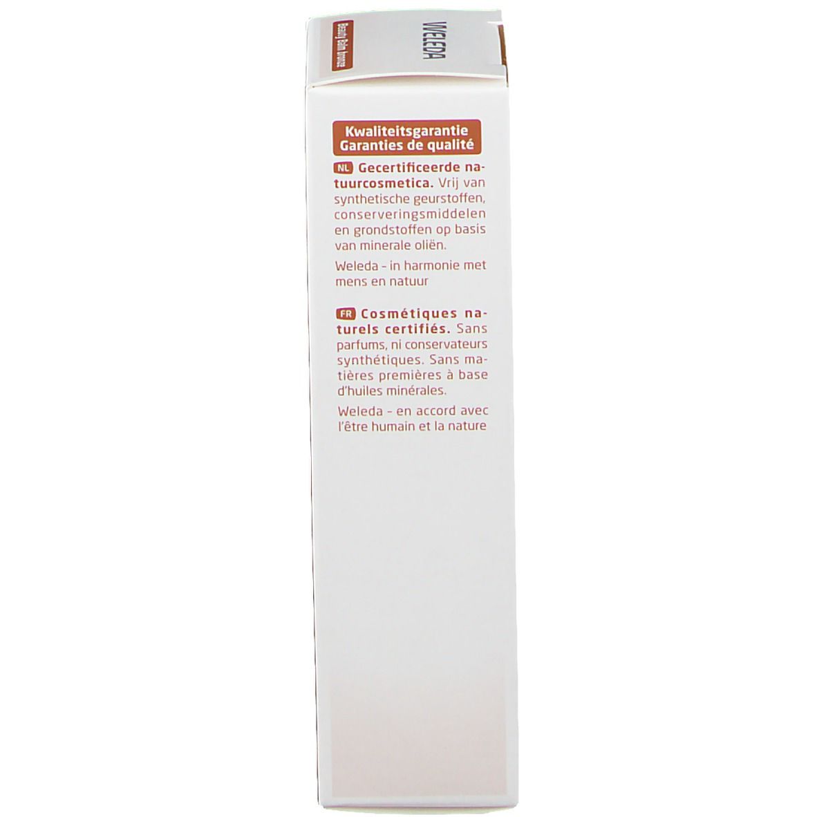 Côté de l'emballage Weleda Beauty Balm. Texte en allemand et français, garantie de qualité et logo.