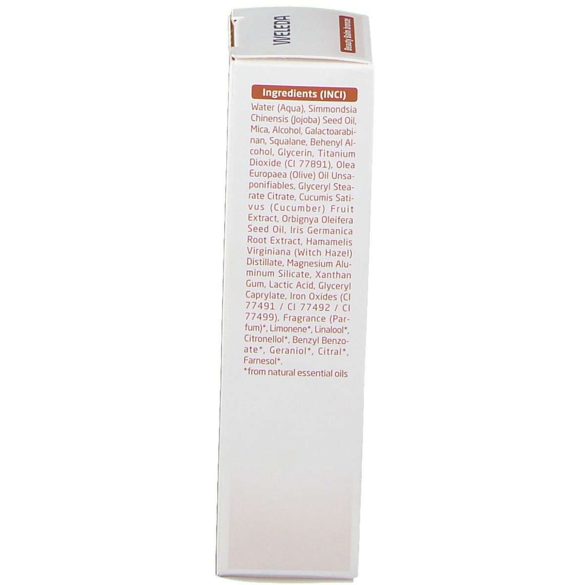 Côté de l'emballage Weleda Beauty Balm. Ingrédients en anglais.