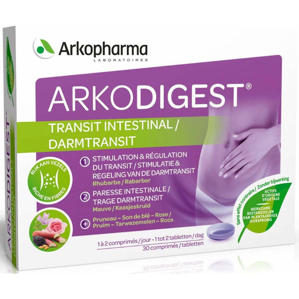 Boîte Arkopharma Arkodigest. Inscription: Transit intestinal/Darmtransit. Contient 30 comprimés. Image d'une femme.