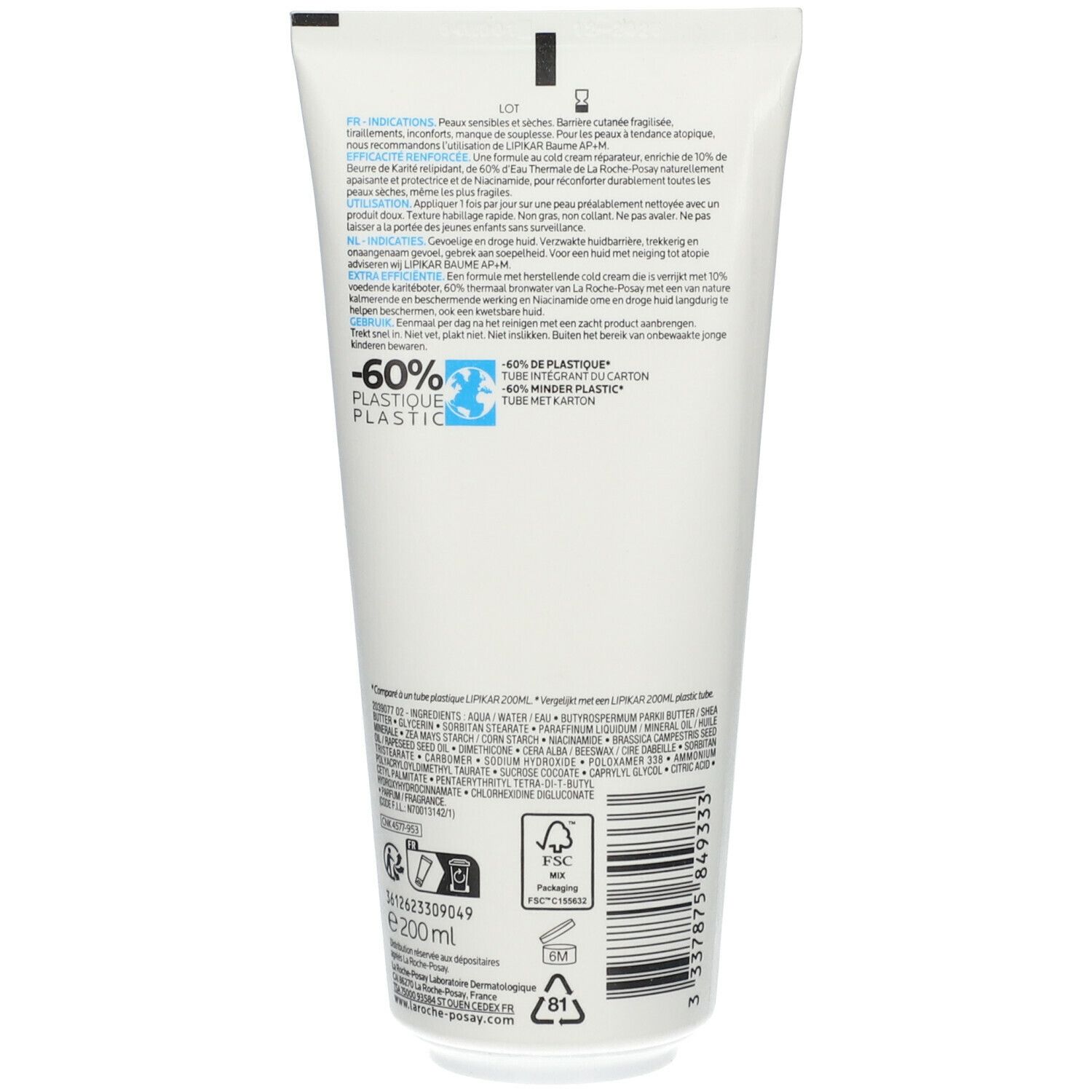 Achterkant van een witte tube. Tekst: Ingrediënten, recyclinglogo, FSC-logo, -60% plastic. Productnaam: LIPIKAR.