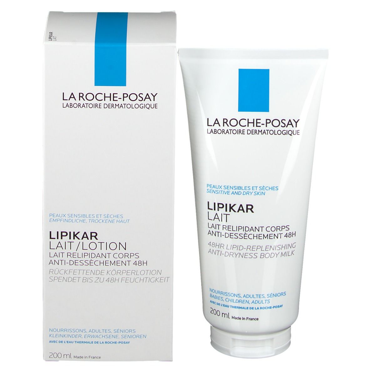 Productverpakking: Witte tube en doos. Productnaam: LIPIKAR LAIT/LOTION. Tekst: Voor gevoelige en droge huid.