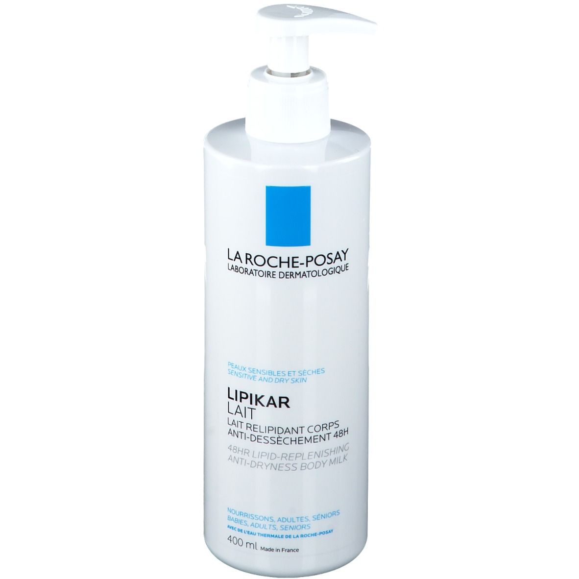 Flacon blanc avec pompe. LA ROCHE-POSAY LIPIKAR Lait. 400ml. Pour peaux sensibles et sèches.