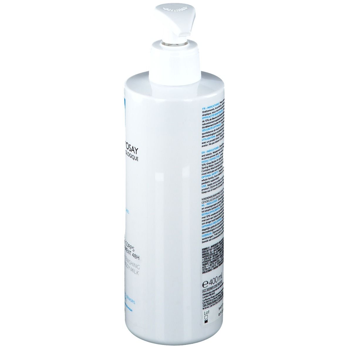 Dos du flacon blanc. Texte multilingue. 400ml. Informations et ingrédients.