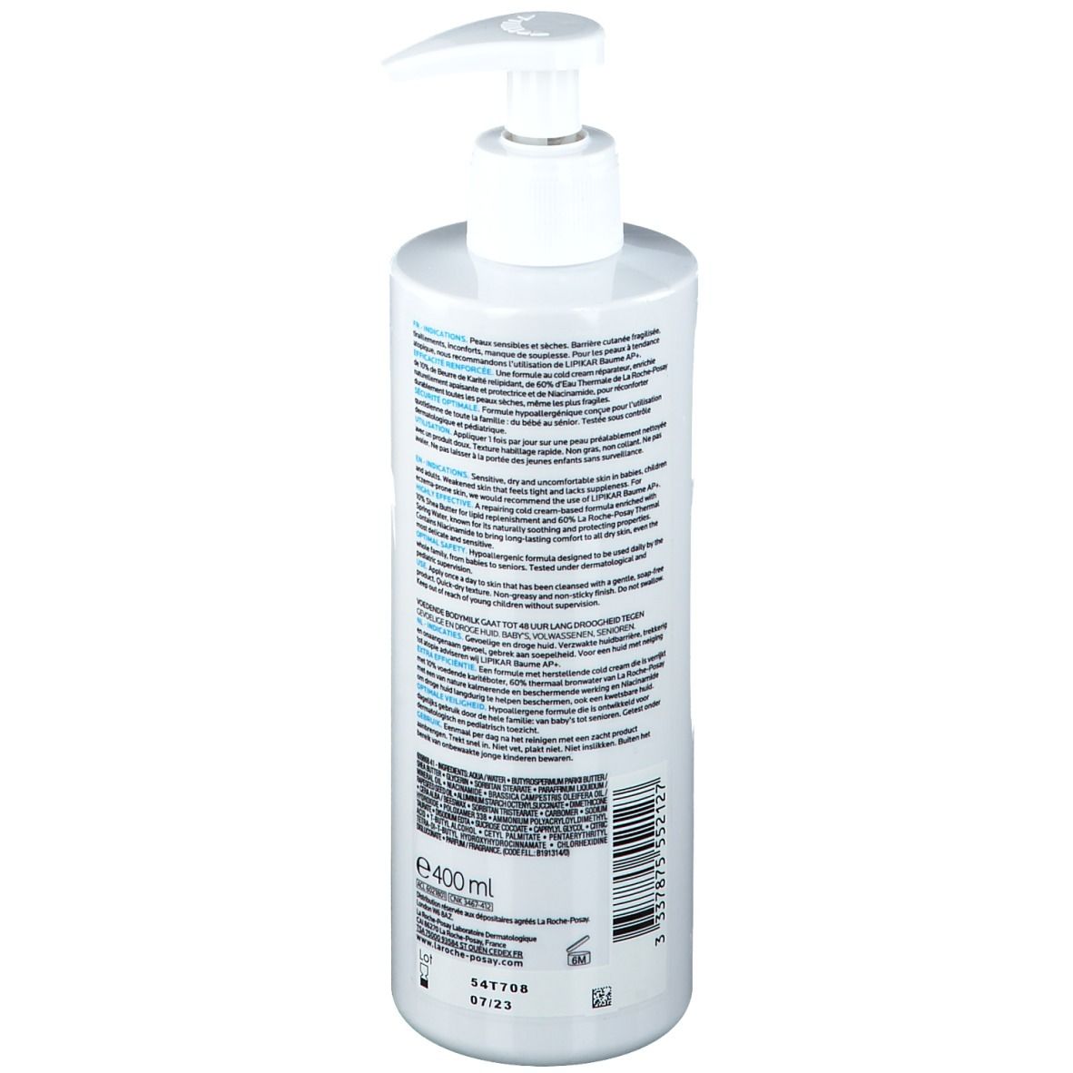 Dos du flacon blanc. Texte multilingue. 400ml. Informations et ingrédients.