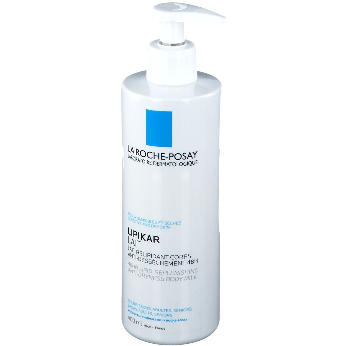 Flacon blanc avec pompe. LA ROCHE-POSAY LIPIKAR Lait. 400ml. Pour peaux sensibles et sèches.