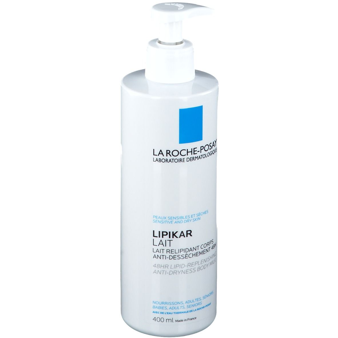 Flacon blanc avec pompe. LA ROCHE-POSAY LIPIKAR Lait. 400ml. Pour peaux sensibles et sèches.