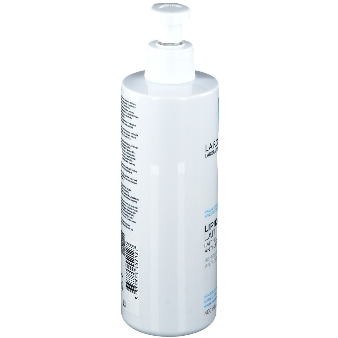 Dos du flacon blanc. Texte multilingue. 400ml. Informations et ingrédients.