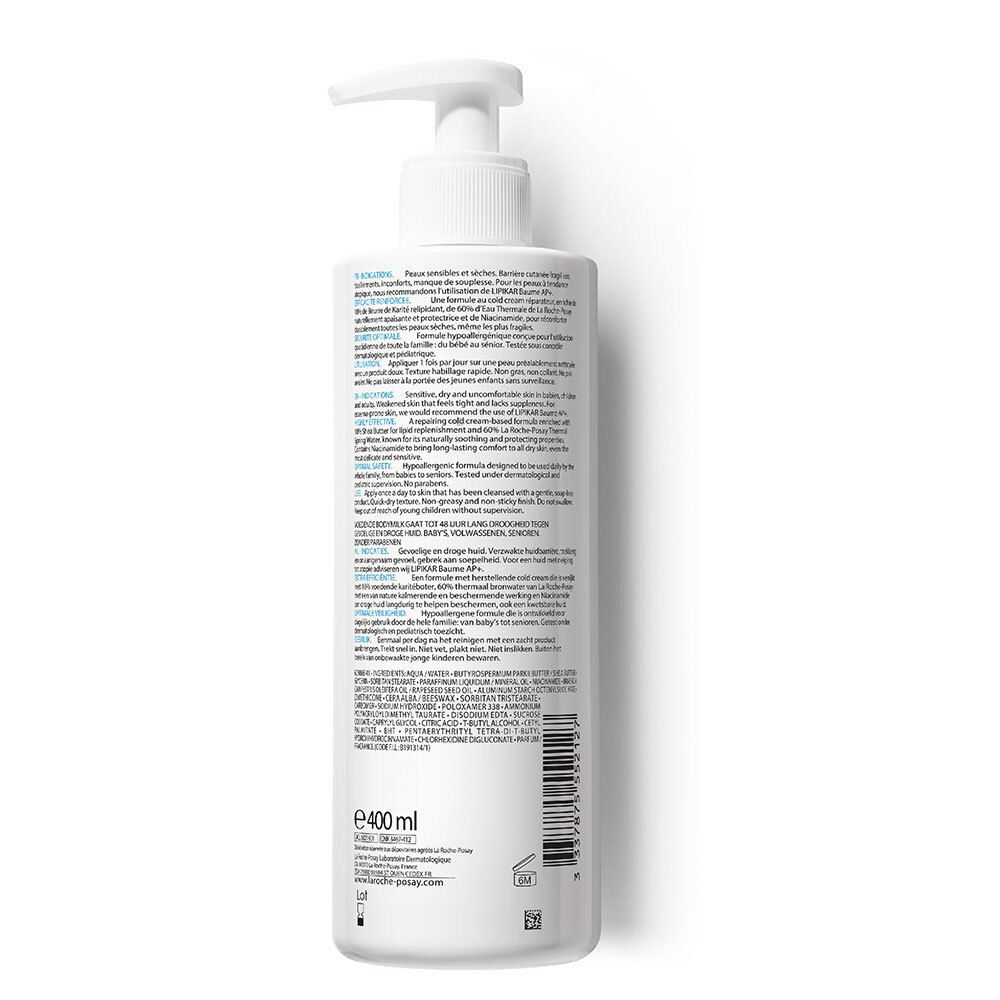 Dos du flacon blanc. Texte multilingue. 400ml. Ingrédients et informations.