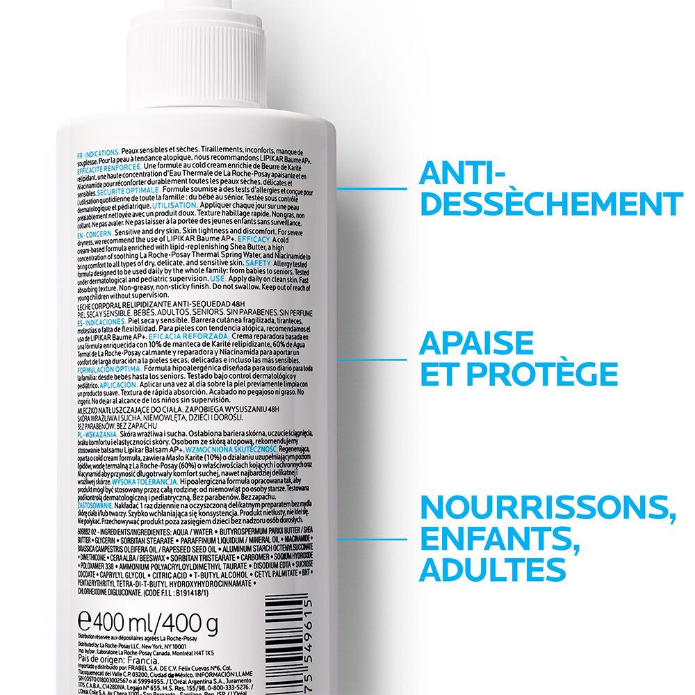 Dos du flacon. Texte multilingue. 400ml. Anti-dessèchement, apaise, protège.