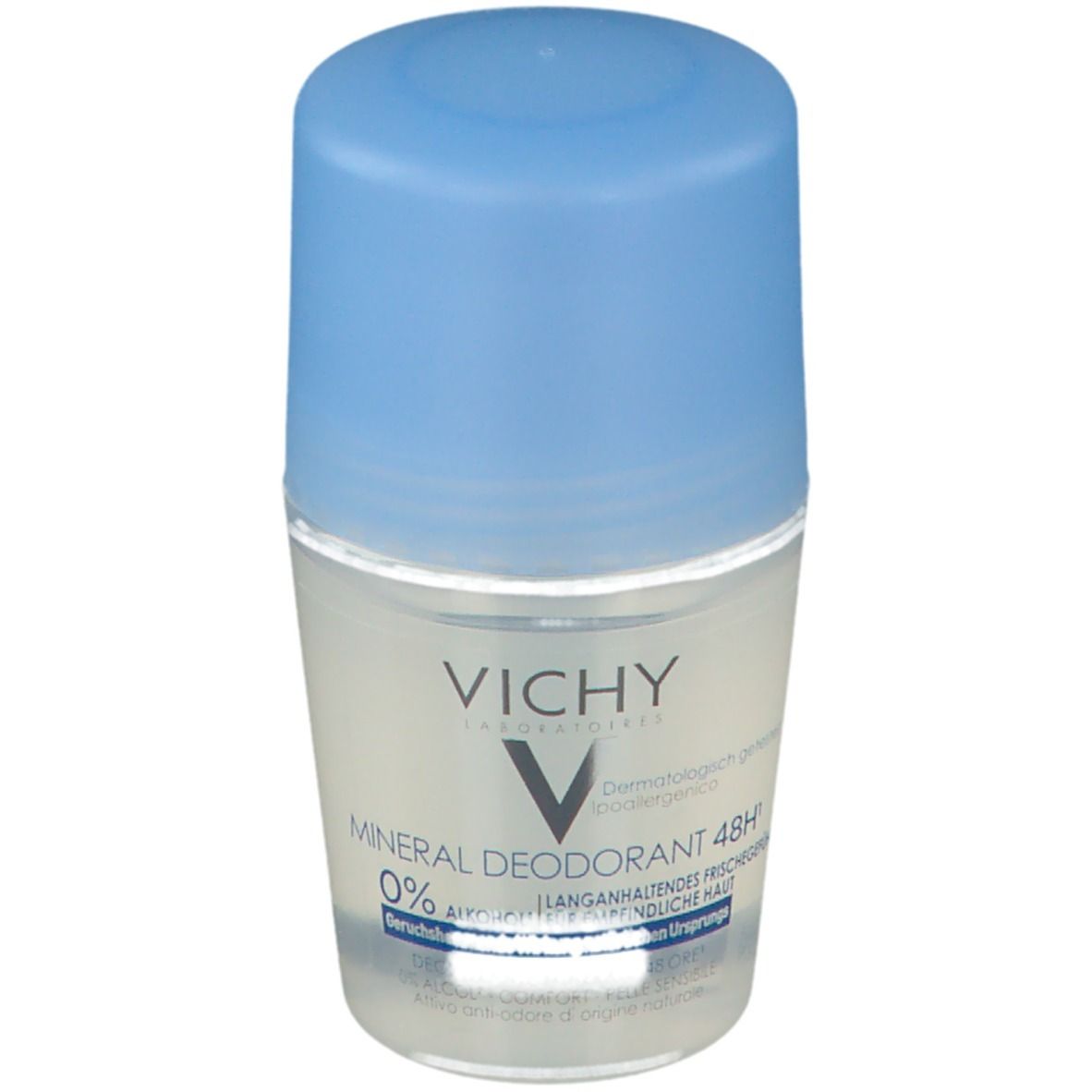 Deodorant roller met blauwe dop. Vichy logo en productinfo op het etiket.