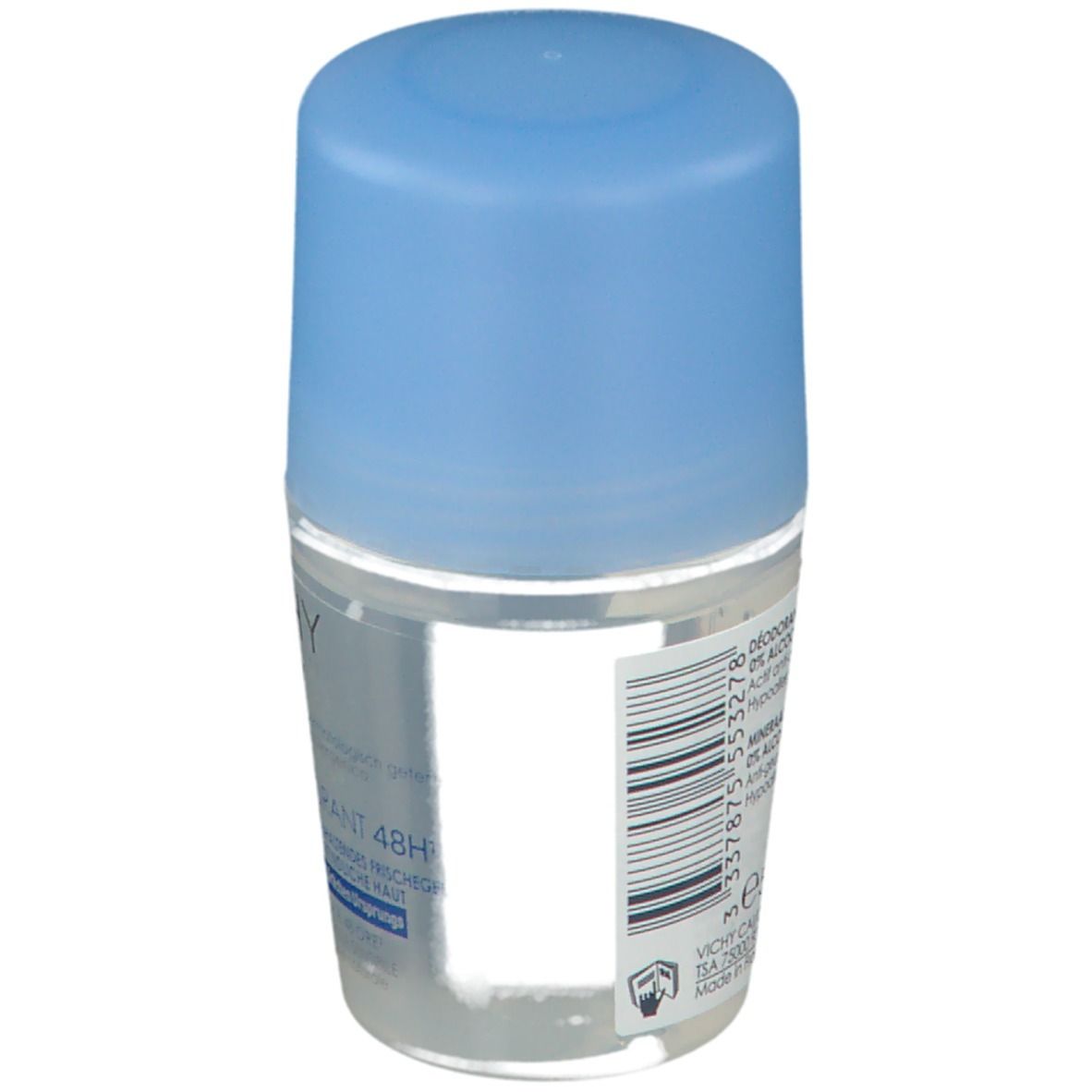 Deodorant roller, achteraanzicht. Blauwe dop, etiket met productinformatie.