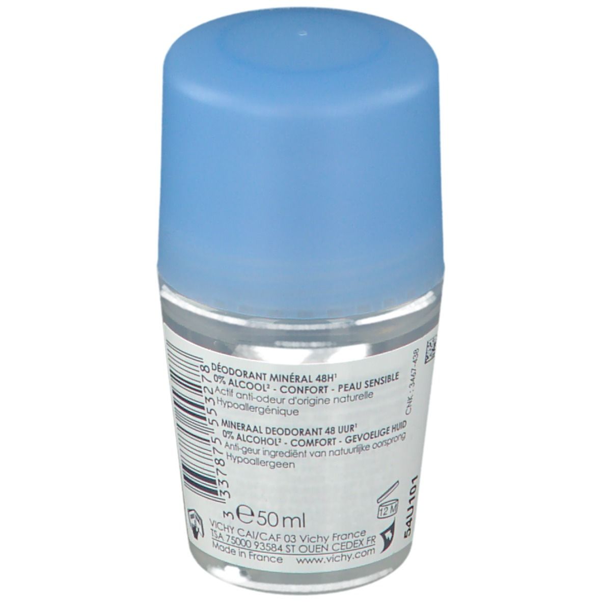 Deodorant roller, achteraanzicht. Blauwe dop, etiket met productinformatie.