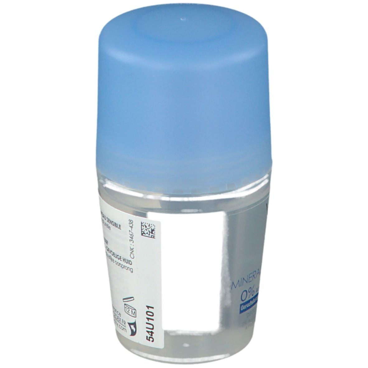 Deodorant roller, achteraanzicht. Blauwe dop, etiket met productinformatie.