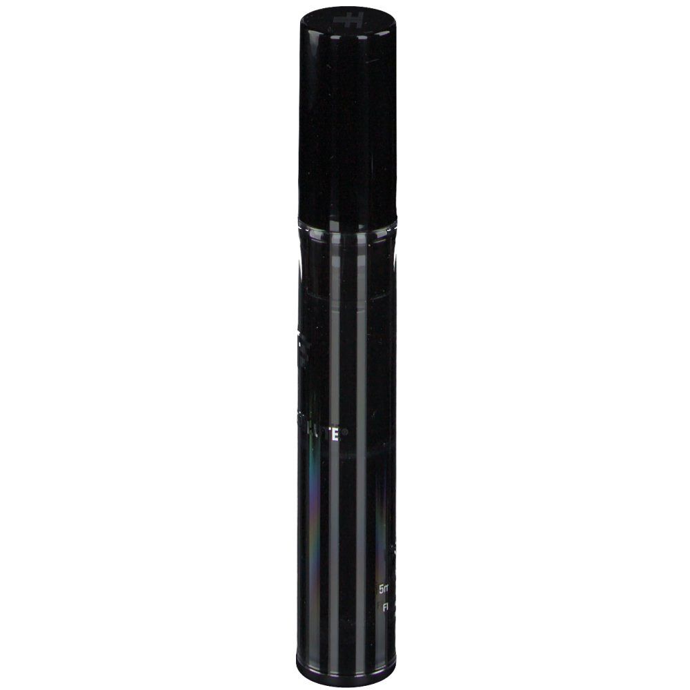 Zwarte cilindervormige tube met zwarte dop. Verticale strepen op de tube. Tekst zichtbaar op de tube.