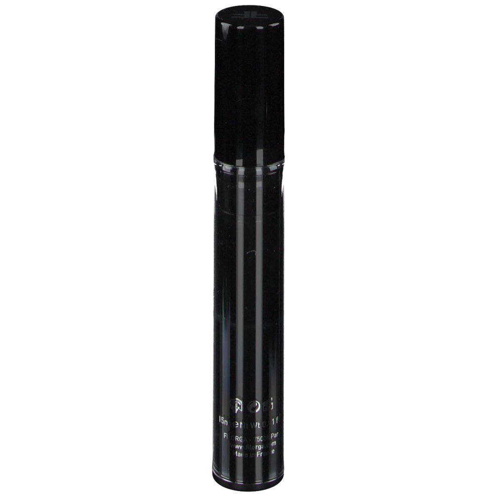 Zwarte cilindervormige tube met zwarte dop. Verticale strepen. Tekst en opschrift op de tube.