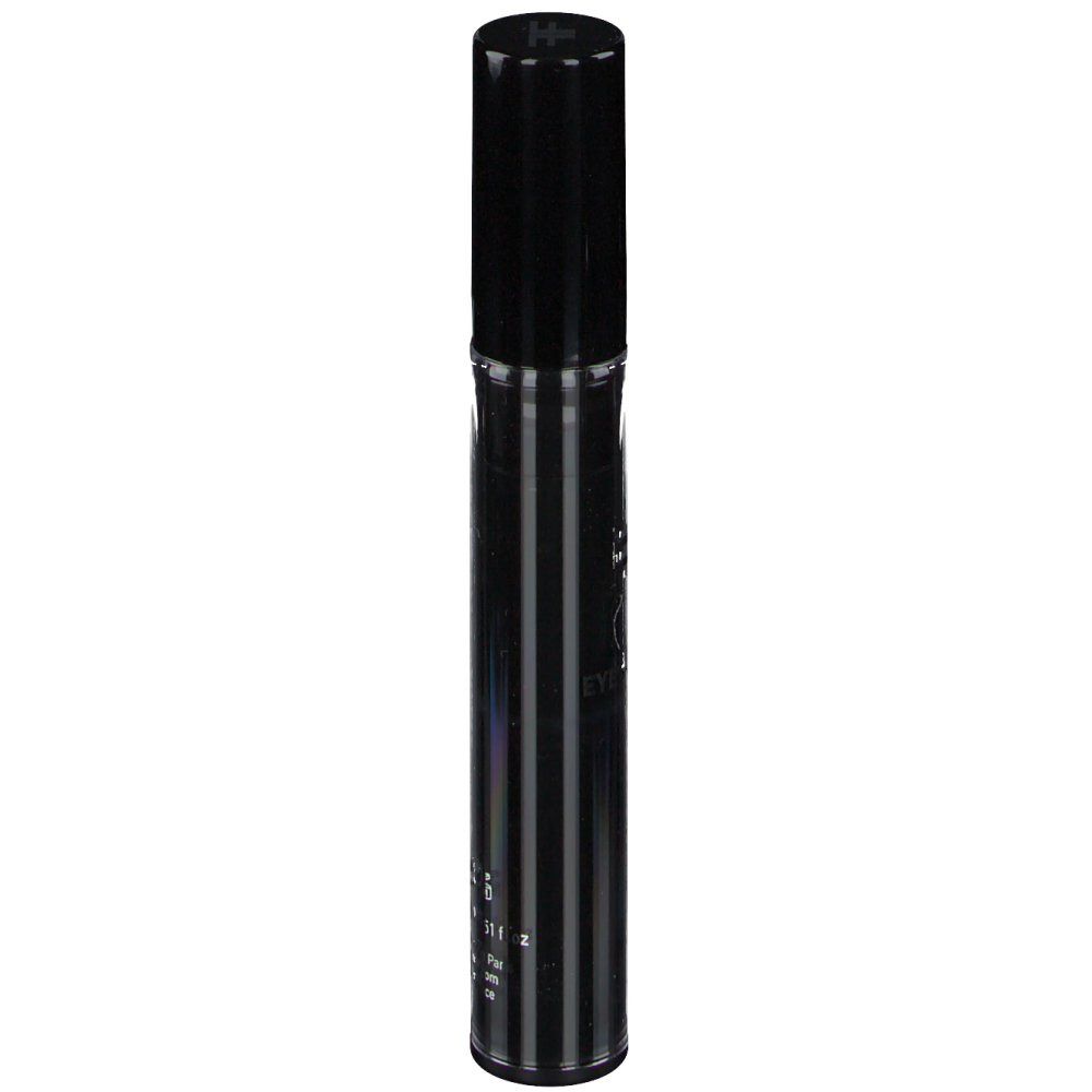 Zwarte cilindervormige tube met zwarte dop. Verticale strepen. Tekst en logo op de tube.