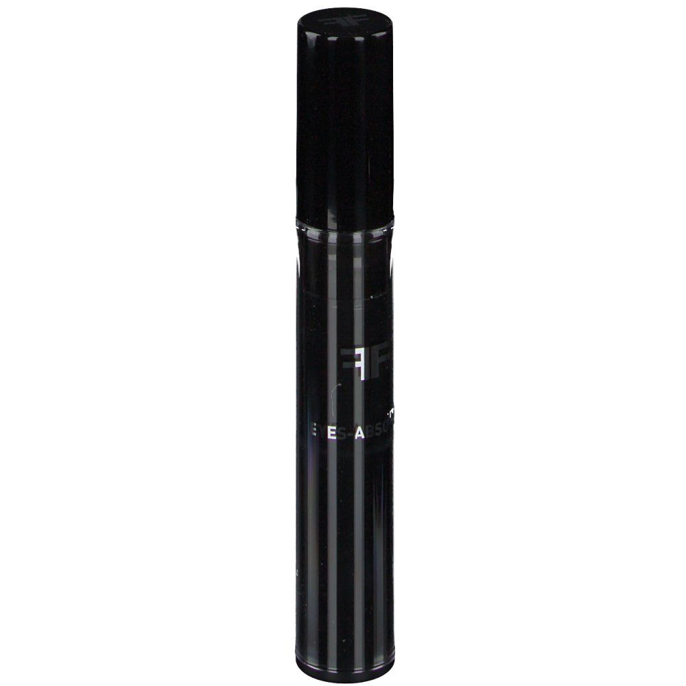 Zwarte cilindervormige tube met zwarte dop. Verticale strepen. Logo en tekst op de tube.
