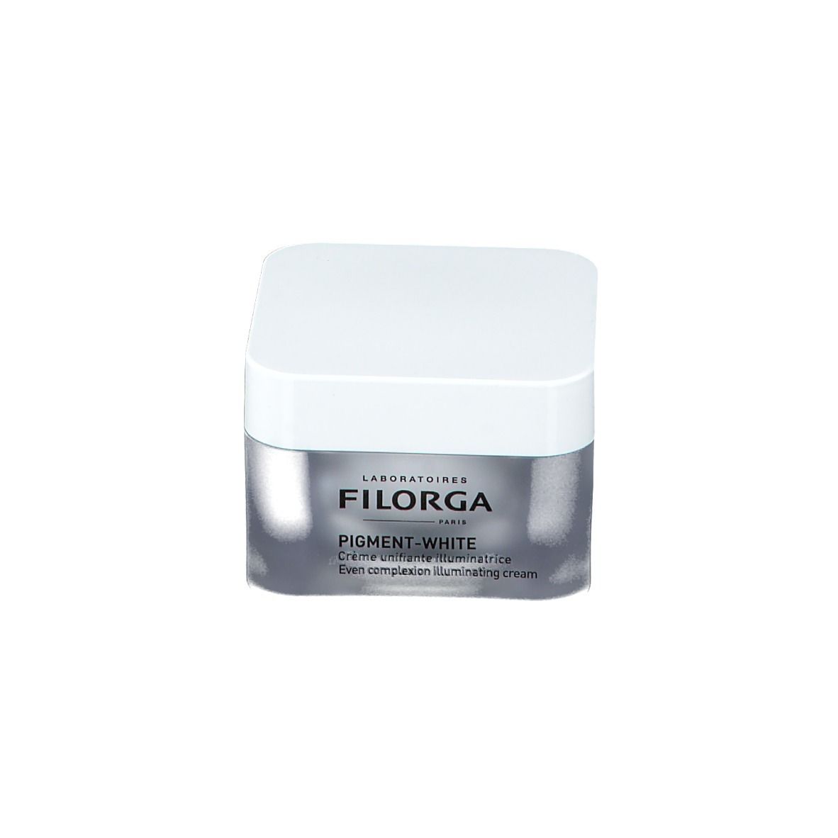 Vasetto di crema con coperchio bianco. Visibile FILORGA PARIS e PIGMENT-WHITE. Testo: Even complexion illuminating cream.