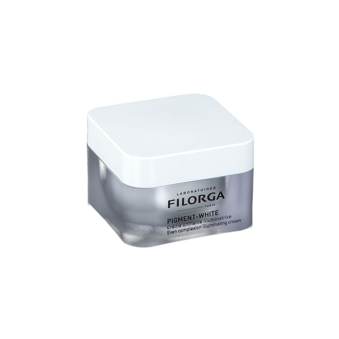 Vasetto di crema con coperchio bianco. Visibile FILORGA PARIS e PIGMENT-WHITE. Testo: Even complexion illuminating cream.
