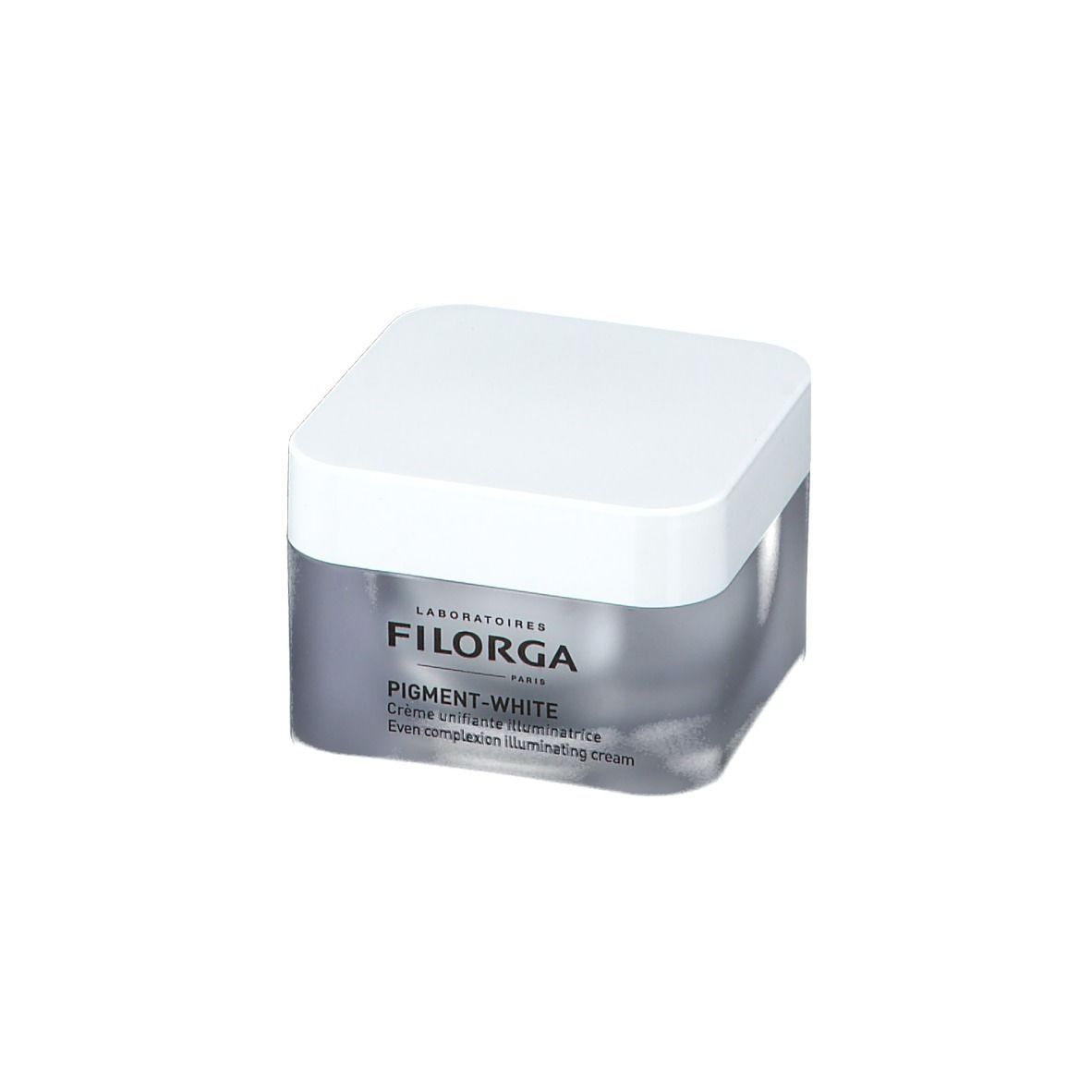 Vasetto di crema con coperchio bianco. Visibile FILORGA PARIS e PIGMENT-WHITE. Testo: Even complexion illuminating cream.