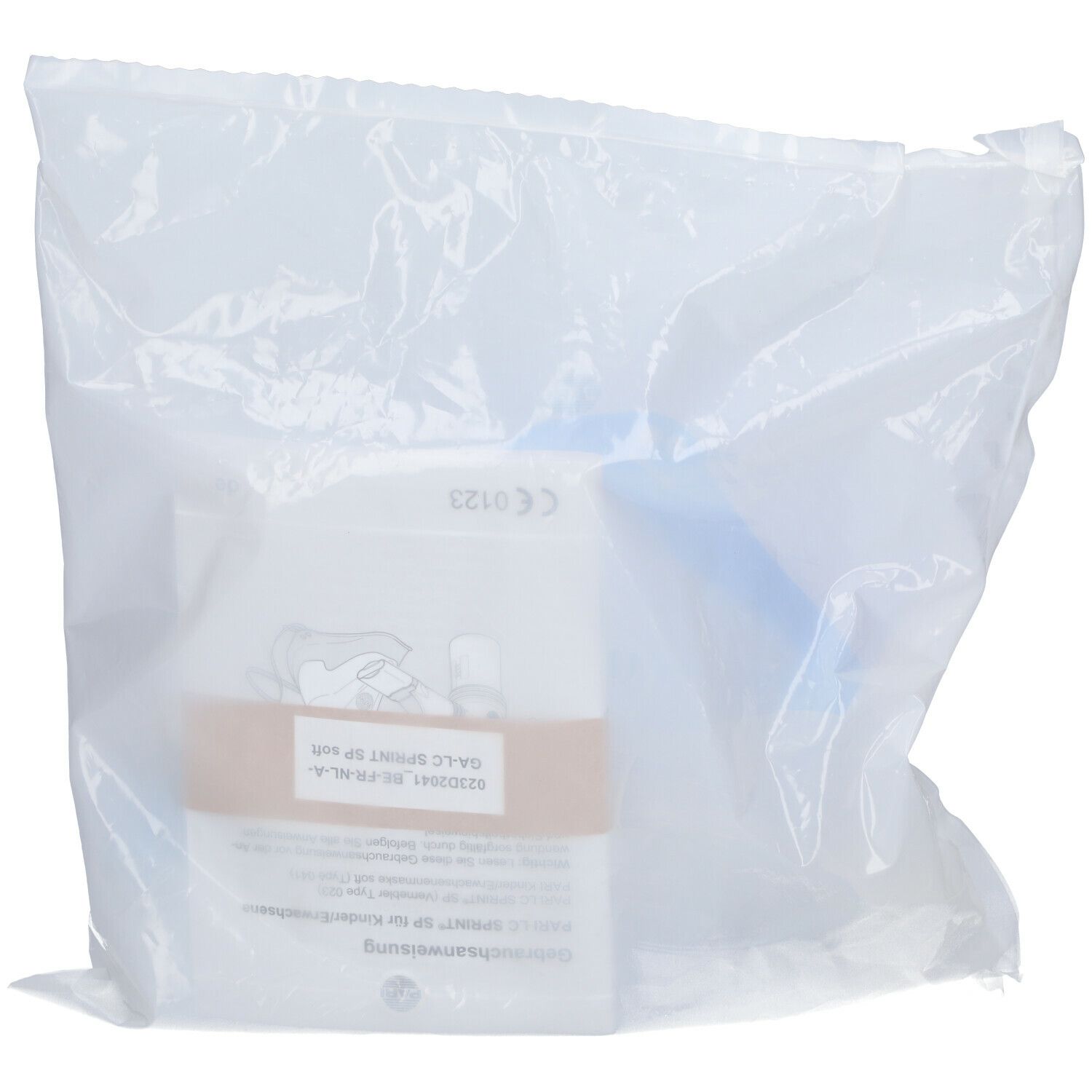 Verpakking met PARI LC SPRINT SP. Onderdelen in plastic zak. Met CE-markering.