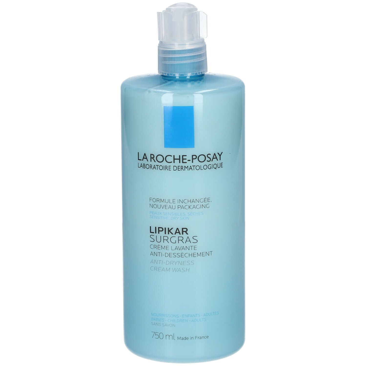 Flacon bleu clair avec pompe. Inscription : La Roche-Posay, Lipikar Surgras Crème Lavante. Texte : Anti-dessèchement. 750 ml.