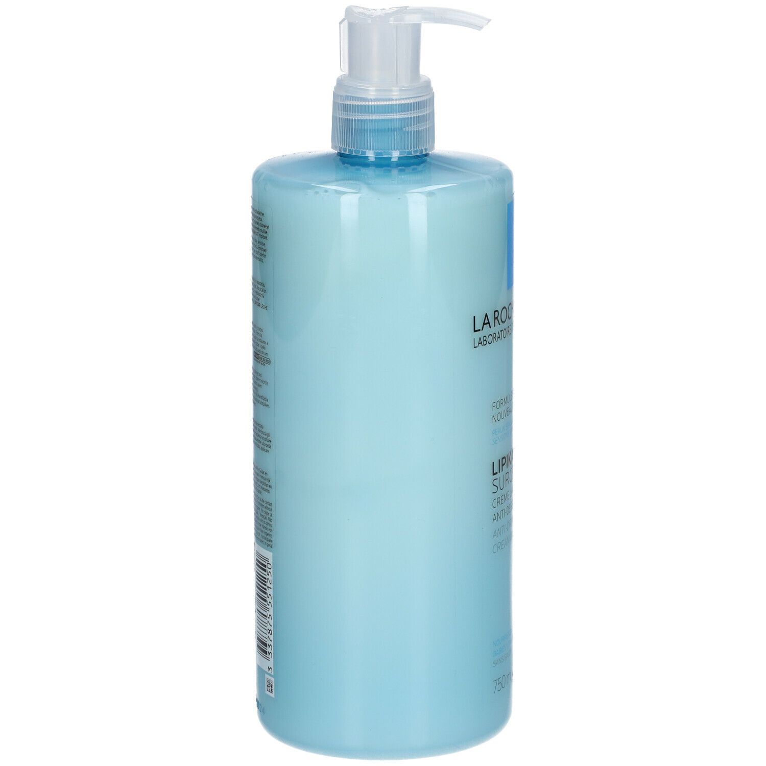 Flacon bleu clair avec pompe. Inscription : La Roche-Posay, Lipikar Surgras Crème Lavante. Texte : Anti-dessèchement. 750 ml.