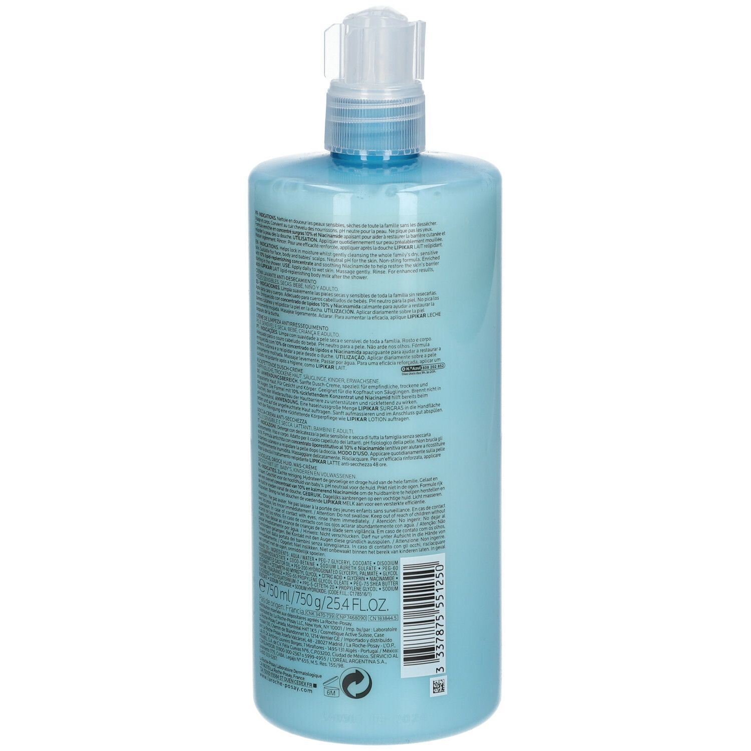 Dos d'un flacon bleu clair avec pompe. Texte multilingue. Inscription : Lipikar Surgras Crème Lavante. 750 ml.