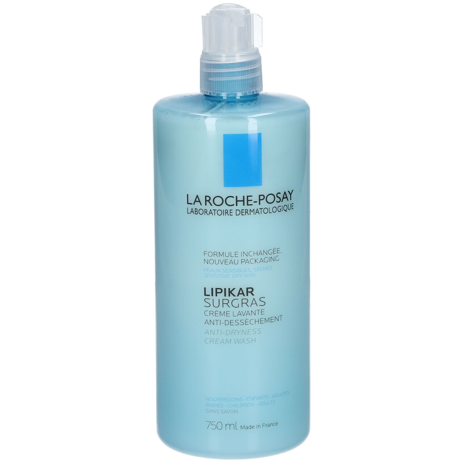 Flacon bleu clair avec pompe. Inscription : La Roche-Posay, Lipikar Surgras Crème Lavante. Texte : Anti-dessèchement. 750 ml.