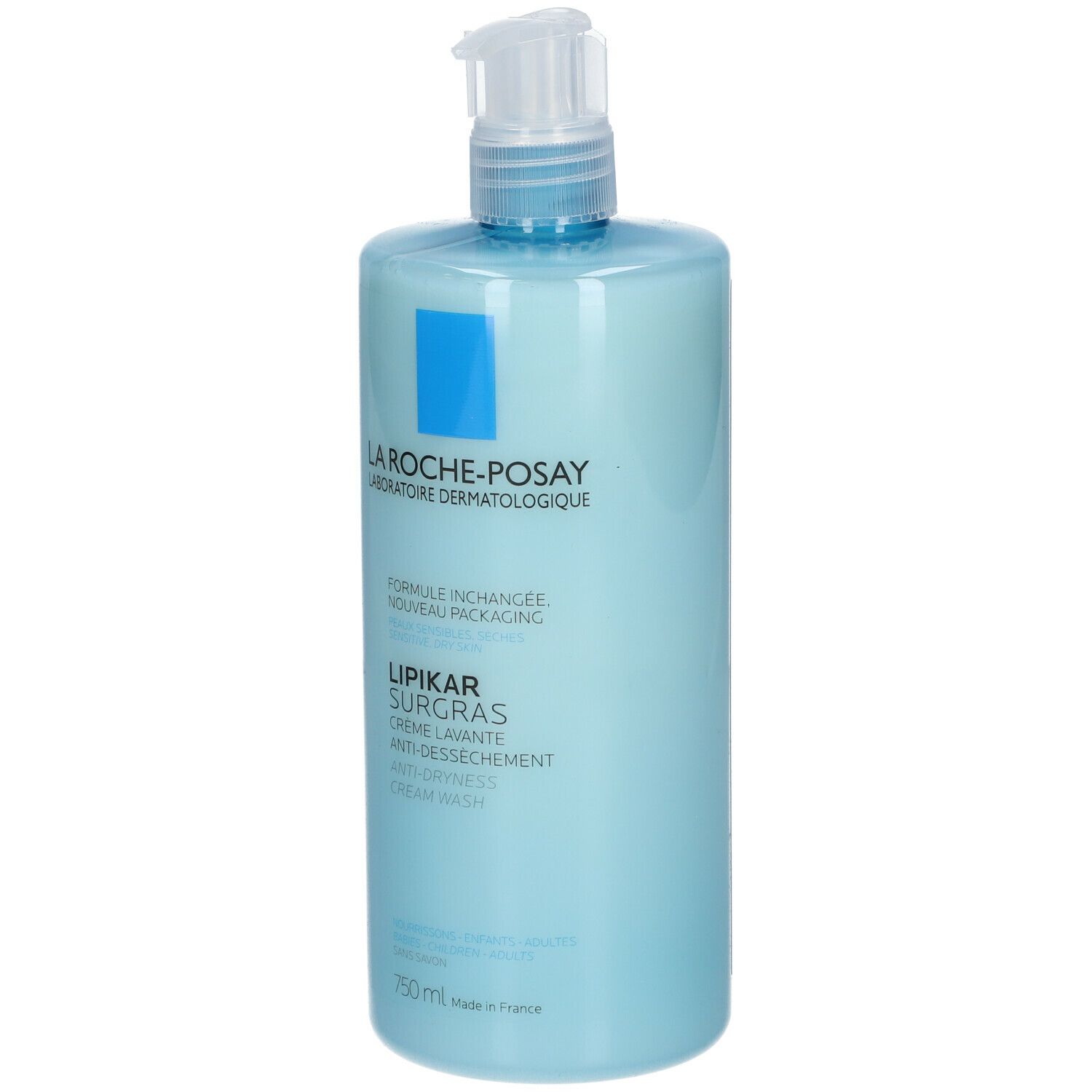 Flacon bleu clair avec pompe. Inscription : La Roche-Posay, Lipikar Surgras Crème Lavante. Texte : Anti-dessèchement. 750 ml.
