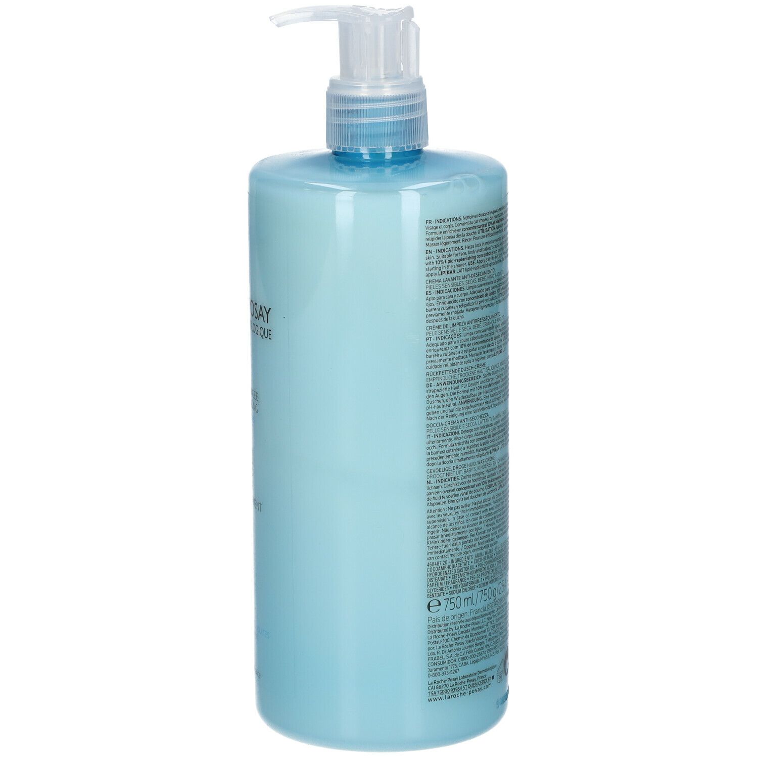Dos d'un flacon bleu clair avec pompe. Texte multilingue. Inscription : Lipikar Surgras Crème Lavante. 750 ml.