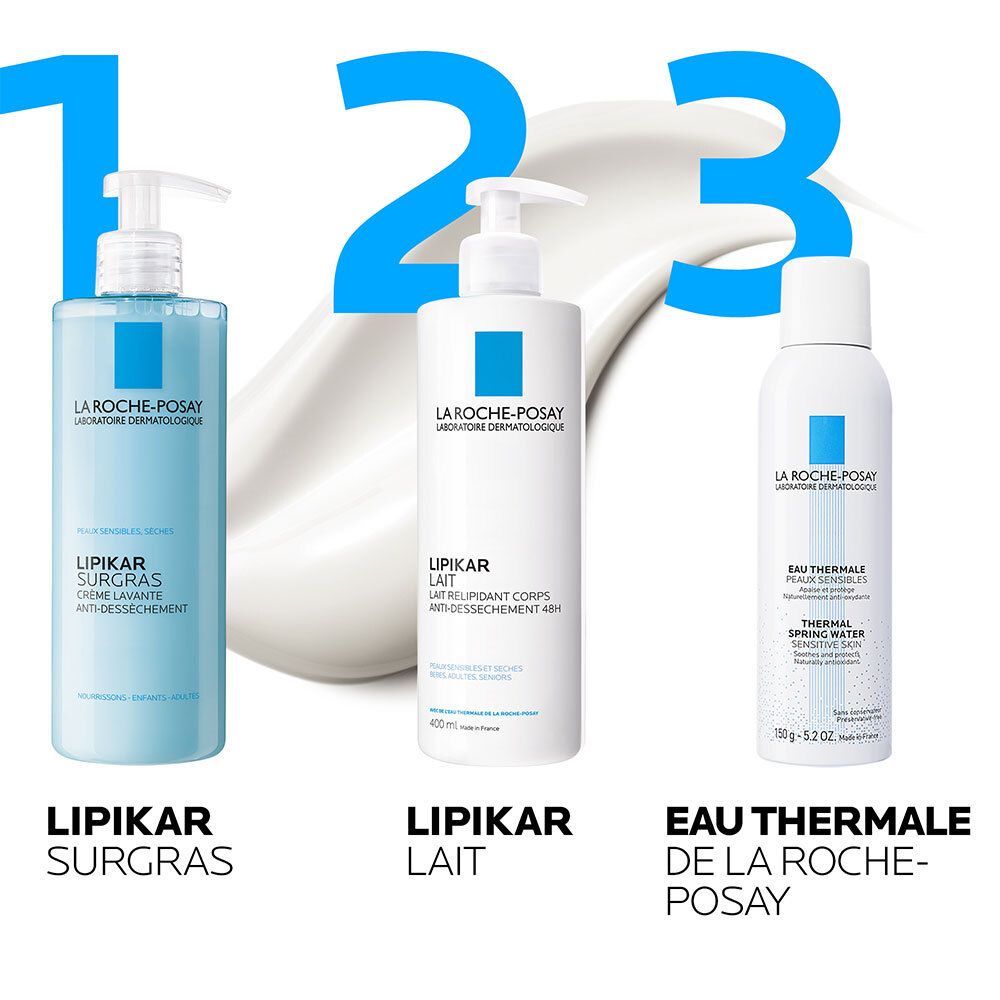 Trois produits côte à côte. Lipikar Surgras, Lipikar Lait, Eau Thermale de La Roche-Posay. Tous avec logo bleu et texte blanc.