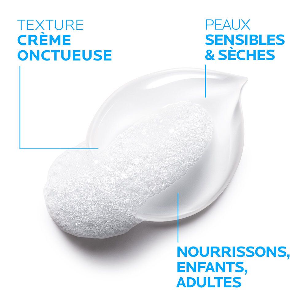 Tache blanche avec texture crémeuse et mousse. Texte : Peaux sensibles & sèches, Nourrissons, enfants, adultes.