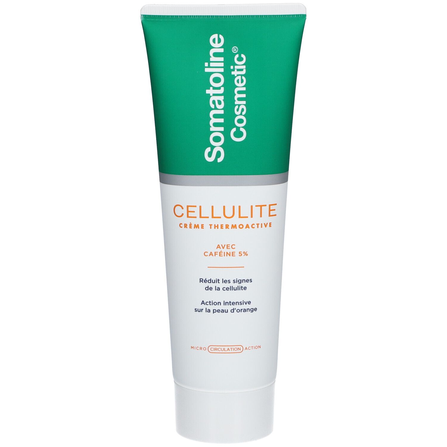 Grüne Tube mit weißem Deckel. Aufschrift: Somatoline Cosmetic, CELLULITE Crème Thermoactive, mit 5% Koffein. Reduziert Cellulite.
