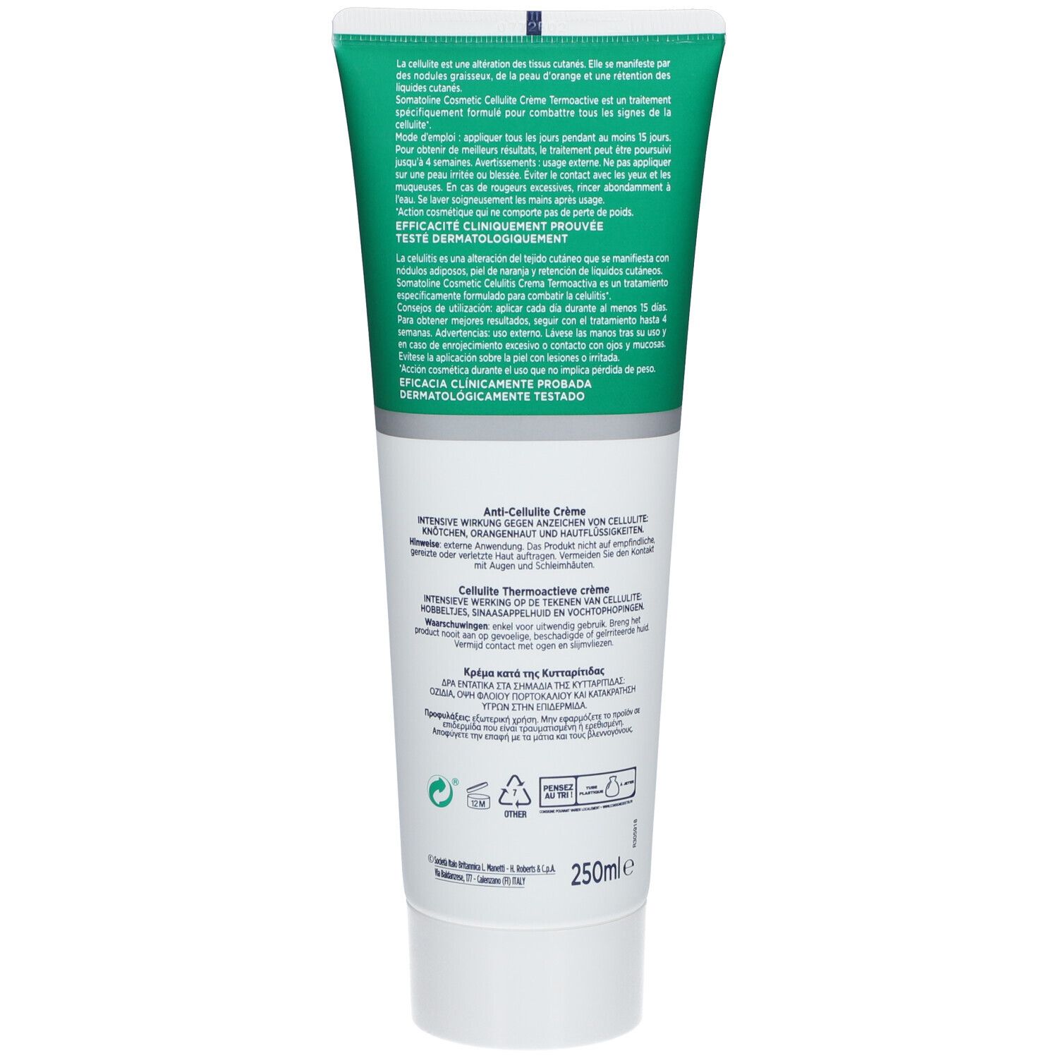 Rückseite der Tube. Text in mehreren Sprachen. Enthält Informationen zur Anwendung und Inhaltsstoffen. Dermatologisch getestet.