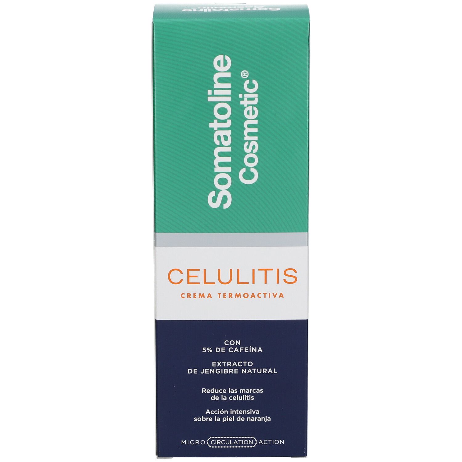 Schachtel. Aufschrift: Somatoline Cosmetic, CELLULITIS Crème Thermoactiva, mit 5% Koffein, Extrakt aus Ingwer.